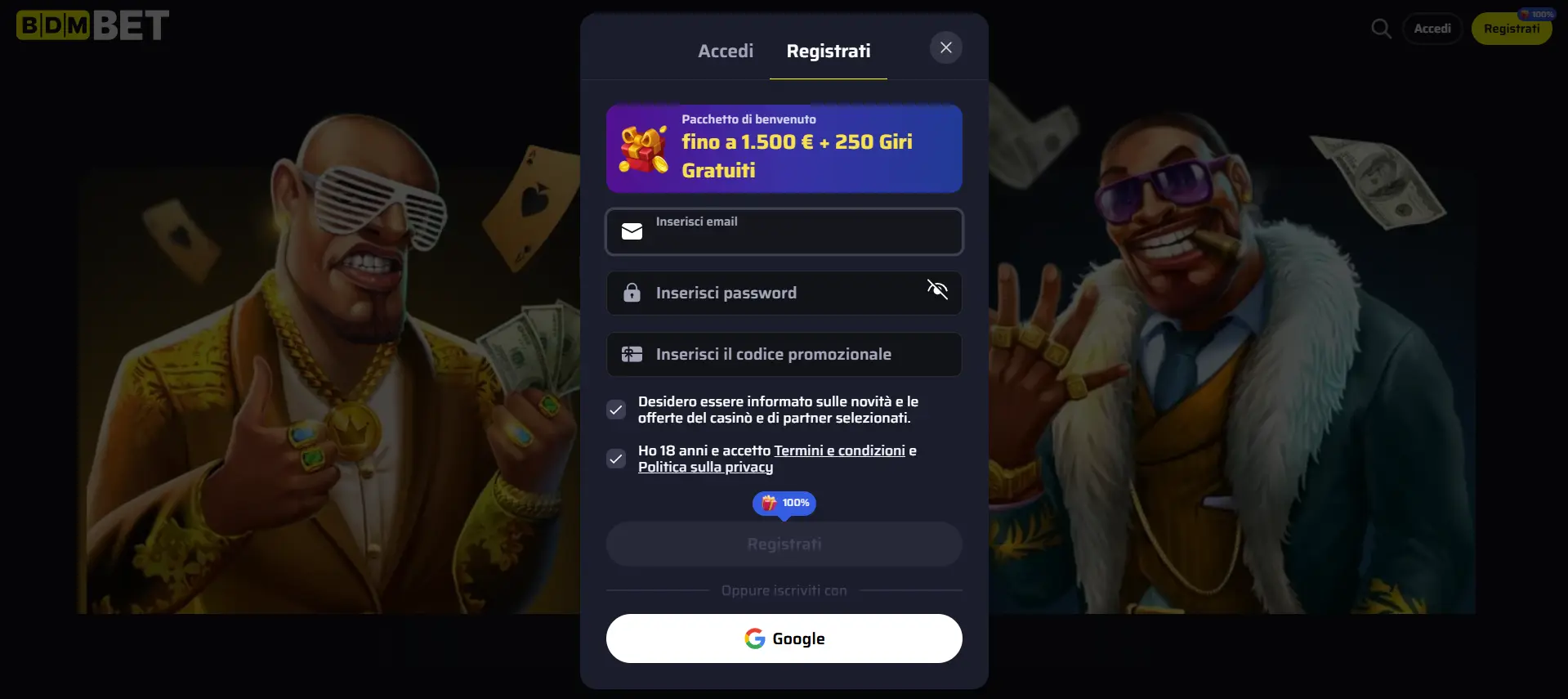 Registrazione account BDMbet